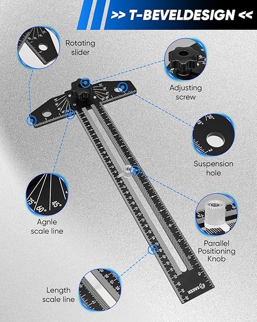 Saker Aluminum Alloy Multi-Angle Marking Ruler,Adjustable Sliding T-Square with Scriber & Protractor,Precision Layout Tool for Woodworking, Carpentry & Design (Black)