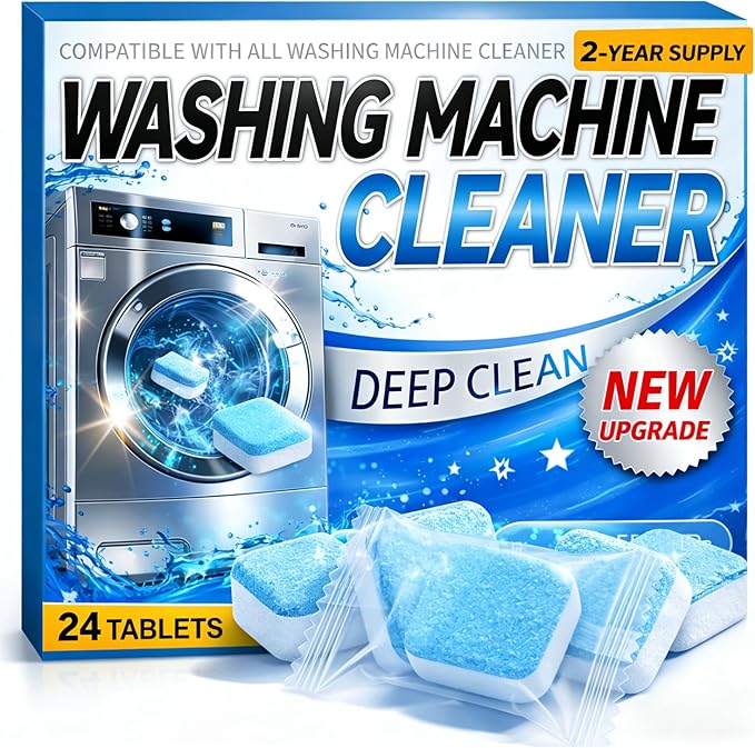 Enzyme Washing Machine Cleaner Tablets (24 Pack) – Protease Deep Clean Laundry Machine Cleaner Descaler for HE, Front Load & Top Load Washer, Removes Odor, Residue & Hard Water Buildup (2-Year Supply)