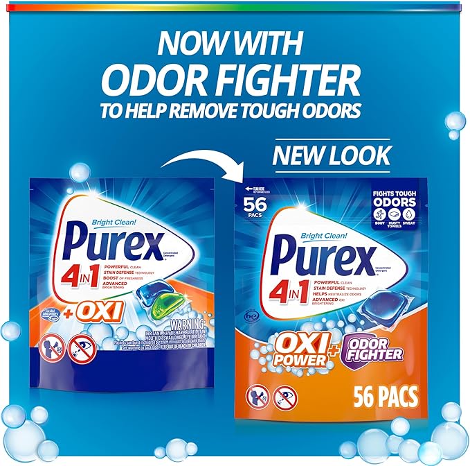 Purex Advanced Oxi with Odor Fighter Laundry Detergent Pacs, Oxi Power, 56 count, Pre Measured Pacs