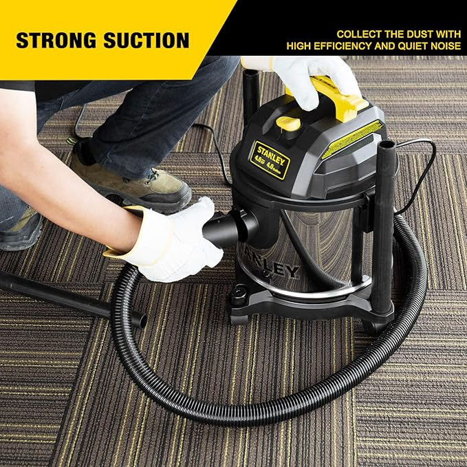 STANLEY 4 Gallon Wet Dry Vacuum, 4 Peak HP Stainless Steel 3 in 1 Shop Vacuum Blower with Powerful Suction, Vacuum for Job Site, Garage, Basement, Workshop, Top Handle, Portable Wet Dry Vac SL18301-4B