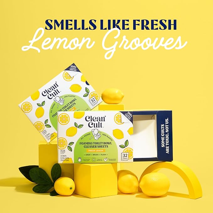 Cleancult Toilet Bowl Cleaner Sheets - Dissolvable, Septic Safe, Effective Cleaning, Removes Stains & Rings, Cleans & Deodorizes - 32 Uses - Fresh Lemon Scent - Plastic-Free Packaging