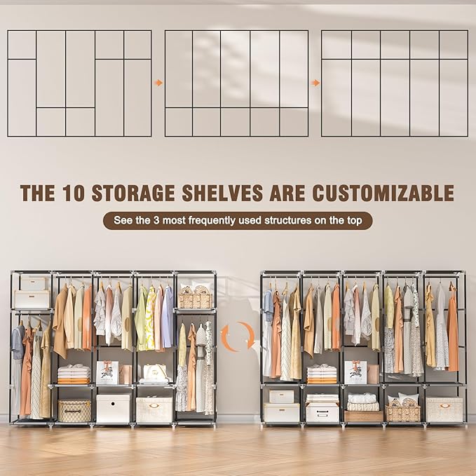 Neatrays Portable Closets for Hanging Clothes, 83 Inch Large Capacity Wardrobe Closet, Freestanding Armario De Ropa Closet with Cover & 5 Hanging Rods & 10 Storage Shelves (Grey)