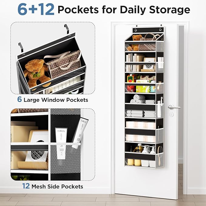 Mefirt Over The Door Organizer, 6 Shelf Door Hanging Organizers with 6 Large Capacity Pockets, Behind Door Storage Hanging Shelves for Closet Wall Bathroom Bedroom Nursery