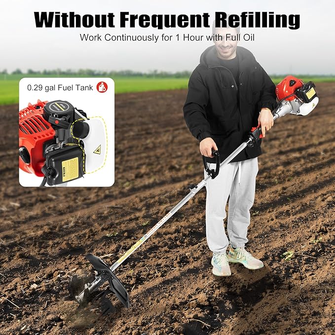 Gas-Powered Handheld Tiller Cultivator, 51.7CC 2-Stroke Engine, 1.45kW, 6500RPM, Lightweight, Mini Tiller Cultivator for Efficient Soil Loosening, Weeding & Farming in Gardens, Hills & Hard Soil