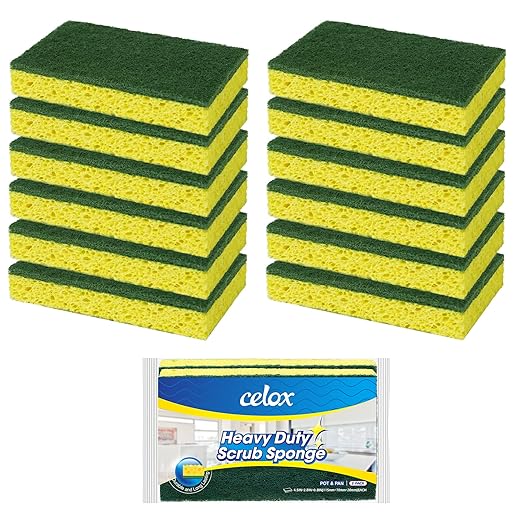 CELOX Sponges Kitchen Sponges for Dishes and Cleaning, 2-Sided Scrub Sponges Dish Sponge and Kitchen Sponge for Washing Dishes, Heavy Duty, Non-Scratch, Sinks, Household Use, Green and Yellow, 12-Pack