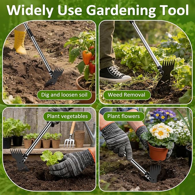 Weed Puller Tool with Long Handle - Adjustable Length Manual Weeder Remover Tool, 2 in 1 Hand Weed Rake and Garden Hoe for Gardening, Uprooting Weeding Tool for Yard, Lawn, Patio, Garden