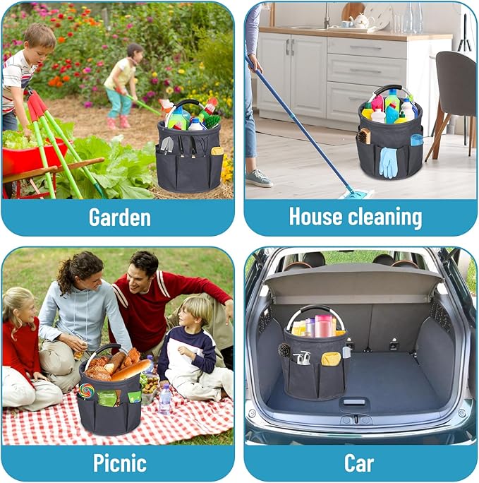 Qivine 17L Cleaning Caddy with Handle, Cleaning Supply Caddy, Foldable Tool Bag Cleaning Products Organizer, Portable Cleaning Bucket Caddy for Cleaning Supplies (Dark Gray)