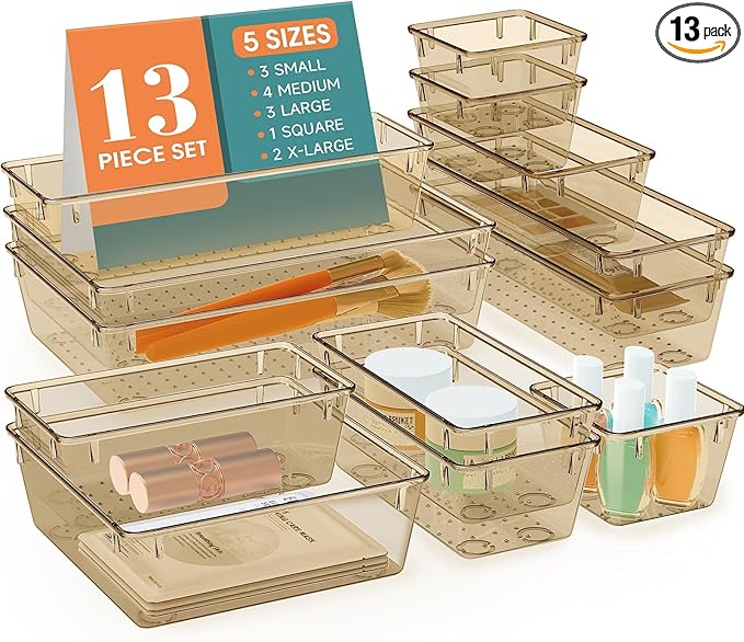 StorMiracle 13 PCS Drawer Organizer Set, 5 Varied Size Bathroom and kitchen Drawer cabinet organizer Trays, Clear Storage Bins for Makeup, Jewelry, Utensils and Gadgets, Champagne