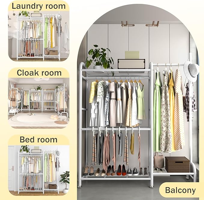 GAIOUS White Portable Closet Rack Wardrobe Clothes, Metal Garment Rack with Shelves for Hanging Clothes Rods，Freestanding Closet Wardrobe Organizer for Cloakroom, Bedroom