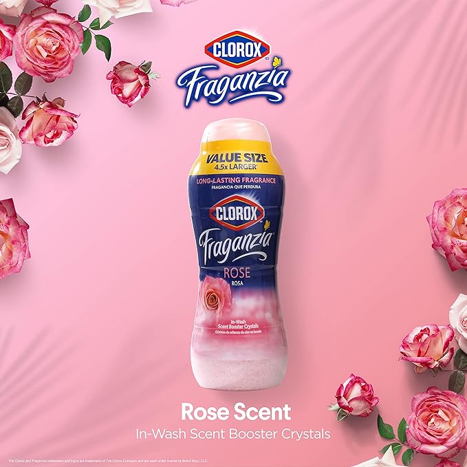 Clorox Fraganzia Laundry Scent Booster Crystals, In-Wash Fragrance Beads for Fresh-Smelling Clothes & Linens, Safe for All Fabrics & Colors, Easy-Pour Bottle, Rose Scent, 70 Oz