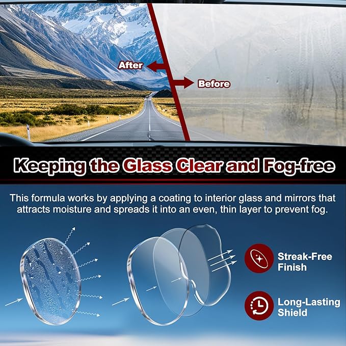 Anti Fog Spray for Glass & Windshield Defogger – 24H Long Lasting Prevention for Car, Mirrors, Windows, Goggles, Shower Door – Streak-Free & Instant Clear with Microfiber Towel, 120ml/4oz