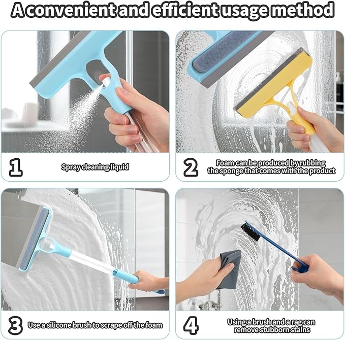 3 in 1 Window Cleaning Scraper, Spray Squeegee, Mirror Cleaner Tool, 3 in 1 Squeegee for Shower Glass, Squeegee with Sprayer, Shower Squeege, Squeegee and Scrubber with Spray, for Mirrors, Bathroom