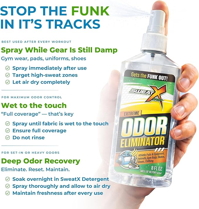 SweatX Extreme Odor Spray - Multipurpose No-Wash Deodorizer - Ideal for Shoes and Gym Clothing - Victory Scent (8 fl oz)