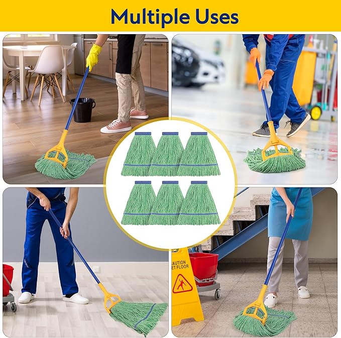 Matthew Cleaning Heavy Duty Mop Head Commercial Replacement for General and Floor Cleaning , Wet Industrial Blue Cotton Looped End String Head Refill (Pack of 6) Green