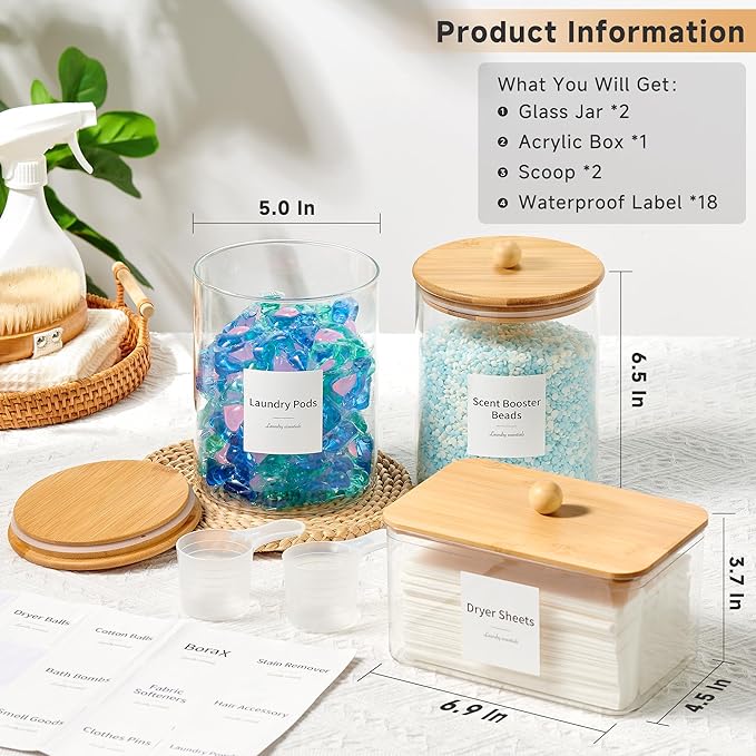 Glass Laundry Pods Container & Acrylic Dryer Sheet Holder with Bamboo Knobs Lids, Scoops & Labels | Premium Laundry Room Organization and Storage for Detergent Pods, Powder, Dryer Balls & Beads