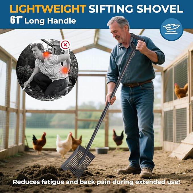 Chicken Coop Cleaner Shovel with Sifter, 61" Heavy Duty Adjustable Sifter Shovel for Poultry Bedding, Garden Soil Sifting, Durable Metal with Deep Sides & Ergonomic Handle