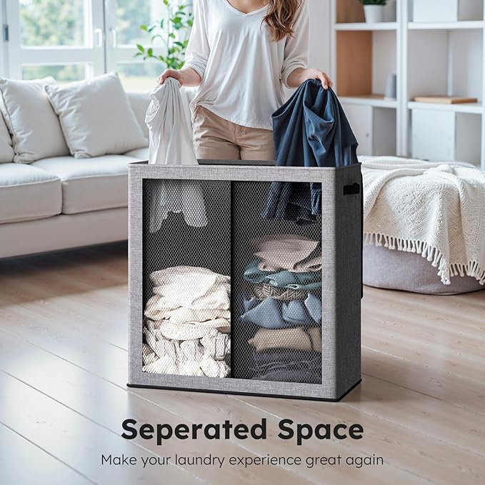 SOLEDI Double Laundry Hamper with Lid and Removable bag, Large Laundry Basket 2 Section with handles, Collapsible Dirty Clothes Hampers for Laundry, Bedroom, Dorm, College