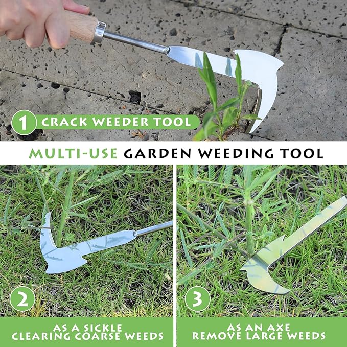 Crack Weeder, 12" Stainless Steel Crevice Weeding Tool with Wood Handle, Axe-Shaped Side-Walk Weed Puller Spatula, for Garden Lawn Yard Patio Terrace Paving Moss, Small Gardening Tool