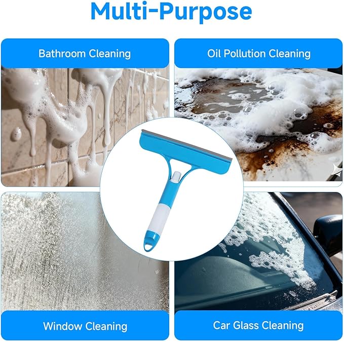 3 in 1 Window Cleaning Scraper with Sprayer, All-Purpose Squeegee for Shower Glass, Car Windows, Mirrors & Home, Window Cleaner Tool with Built-in Spray Bottle (Blue)