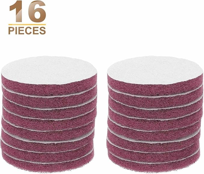 HARFINGTON 16pcs Scrubber Scouring Pads 500 Grits 4 Inch Drill Power Brush Hoop and Loop Surface Conditioning Disc Drill Scuffing Disc Scrub Pads for Home Kitchen Cleaning, Red