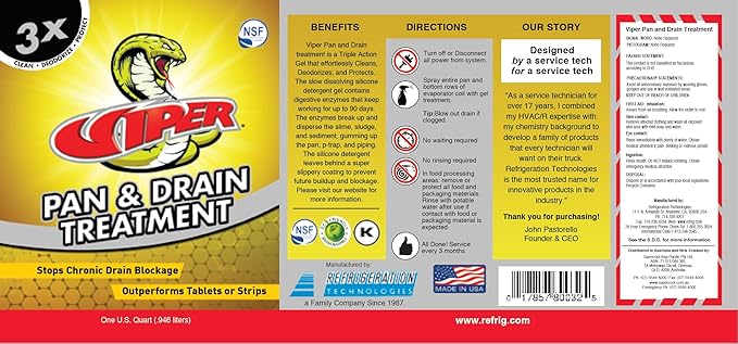 Refrigeration Technologies Viper Pan & Drain Treatment 1 Qt RT800S or 1 Gal RT800G Yellow (1 Gallon, 2)