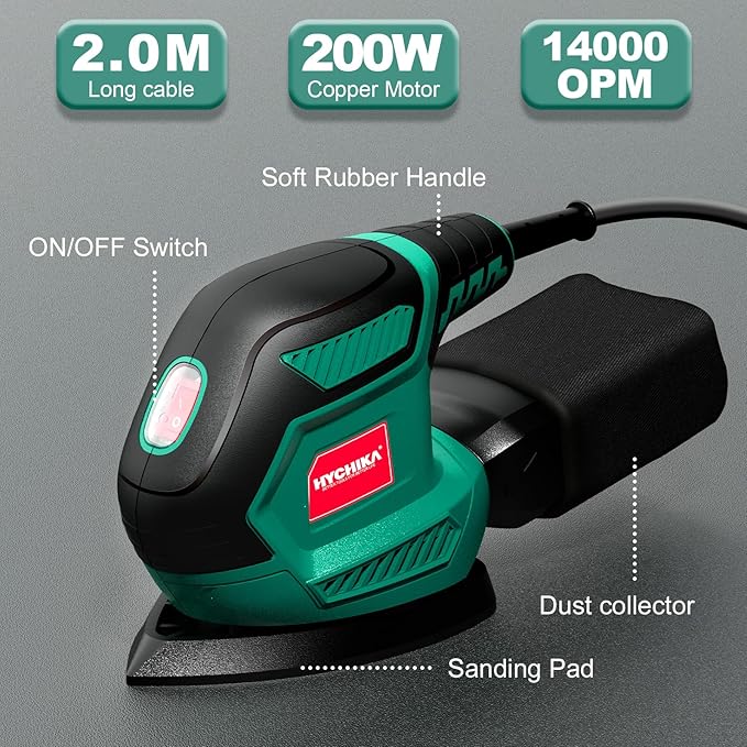 HYCHIKA Detail Sander, 14,000 OPM Compact Electric Sander Tool with 12 Pcs Sandpapers,Efficiency Dust Collection System,Suitable for Tight Spaces Sanding,Polishing,Removing Paint in Home Decoration