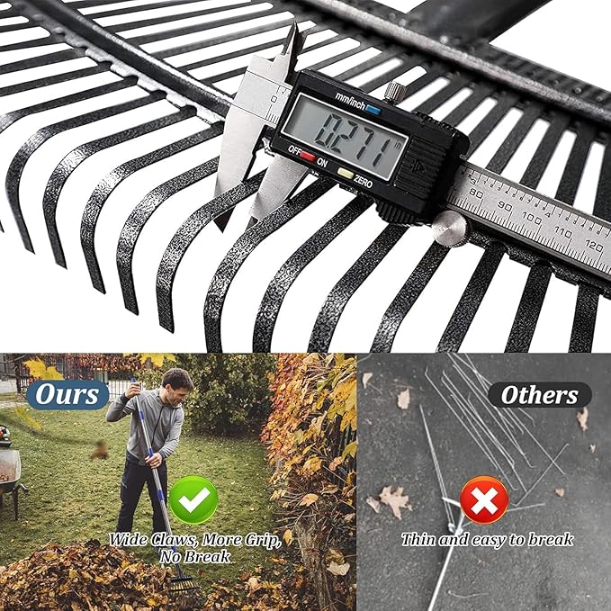 Garden Rake for Leaves, Leaf Rakes Heavy Duty for Yard,Lawn,Shrub,Grass,Mulch, 18" Metal Head,6ft Adjustable Long Handle,Adults Kids Rake for Gardening