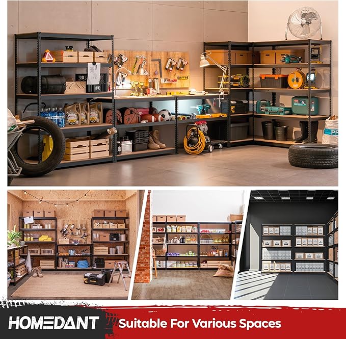 HOMEDANT 47.7" W 5 Tier Heavy Duty Garage Shelving Adjustable Metal Rack Storage Shelves Standing Shelf Unit Organizers Industrial Warehouse Basement Black 2Pack