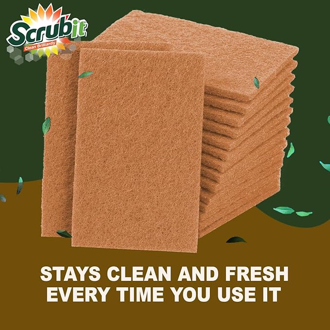 SCRUBIT 50 Pack Natural Scouring Pads - Heavy Duty Scrubbing Pads for Dishes - Non-Scratch - Reusable - Natural, Eco-Friendly, Biodegradable Sisal Brown Sponges for Dishes, Compostable