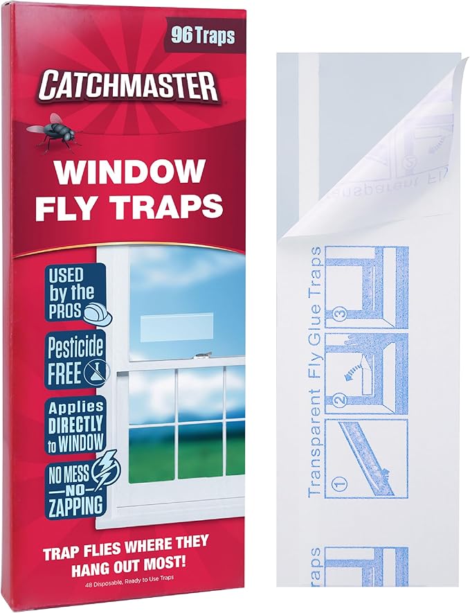 Catchmaster Window Fly Traps 96-Pack, Fruit Fly Traps for Indoors, Disposable Bulk Bug Catcher, Waterproof Insect Glue Trap, Adhesive Strips, Pest Control for Home, Kitchen, & Garage