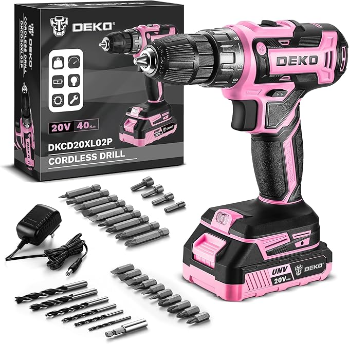 Power Drill Cordless: DEKOPRO'S Pink Cordless Drill 20V Electric Power Drill Set Tool for Women Drills with Battery and Charger 20 Volt Drills Driver Kit