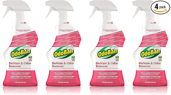 OdoBan Professional Cleaning BioStain and Odor Remover for Carpet and Upholstery, Made in the USA, 32 oz Ready-to-Use Spray 4-Pack