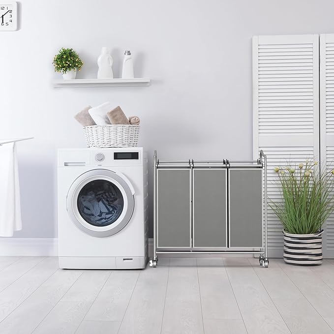 Simple Houseware Heavy-Duty 3-Bag Laundry Sorter Cart, Silver