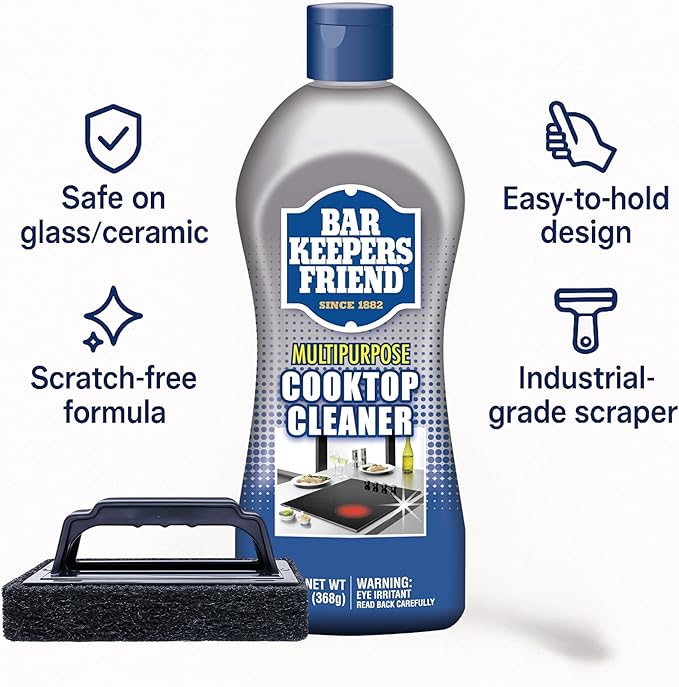 Glass StoveTop Cleaner For Electric Stove Flat Top. Kit Includes Cleaner Liquid, Scraper Tool, & Scrub Brush For Streak-Free Ceramic, Gas, & Induction Stove. Removes Grease, & Oil Stains (13 Items)