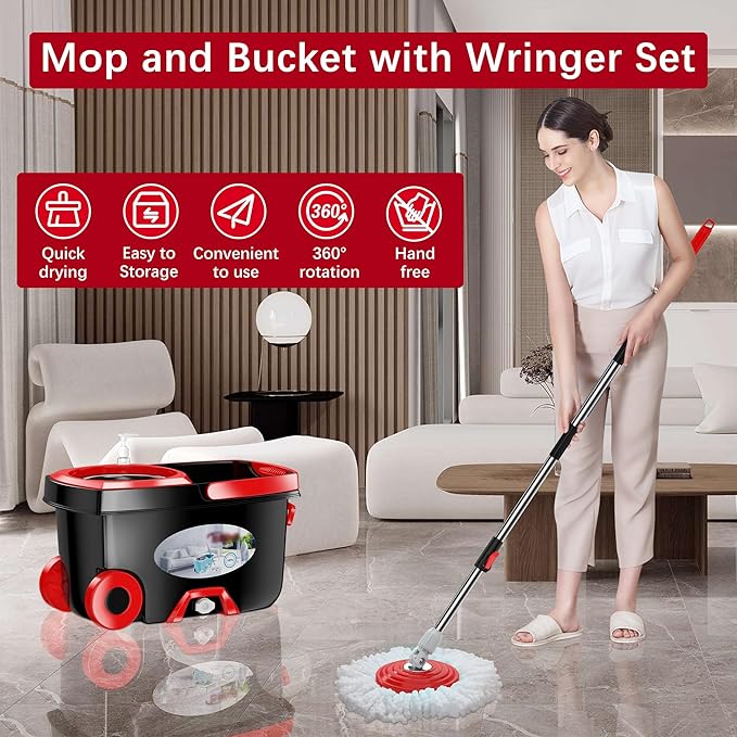 FunClean 360° Spin Mop and Bucket Set with Wringer, 6 Extra Microfiber Heads, 61" Extended Handle for Effortless Floor Cleaning, 2X Wheel Design - Black