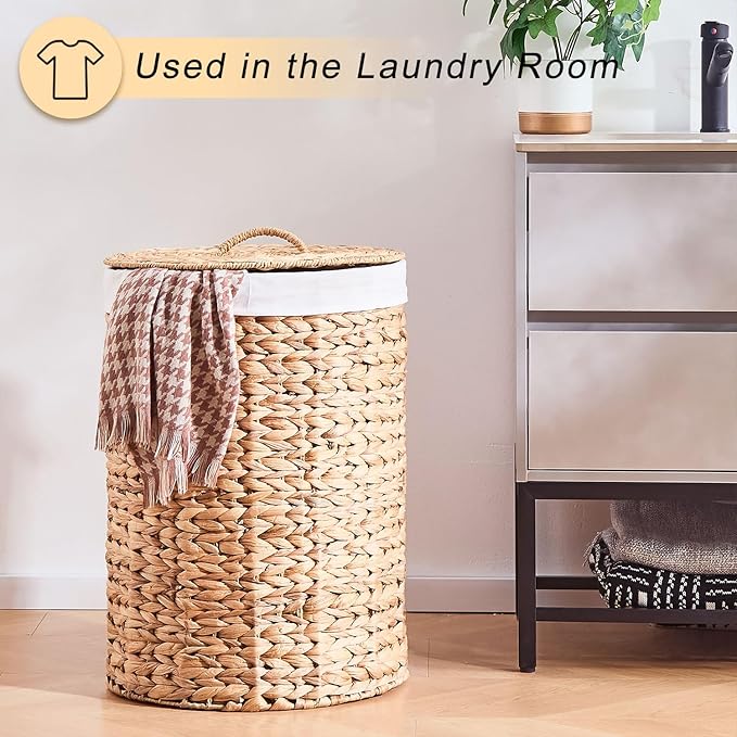 Round Water Hyacinth Laundry Hamper with Lid Handwoven Wicker Basket with Handles for Dirty Clothes, Storage, and Organization Ideal for Bedroom, Bathroom, and Laundry Room, No Assembly Required, 90L