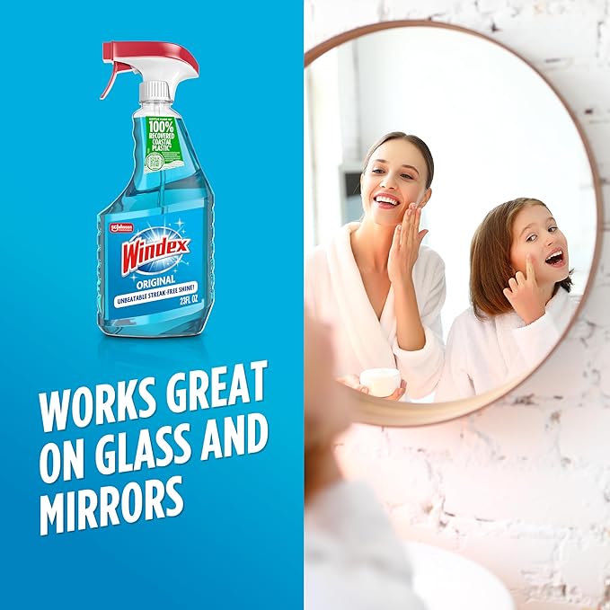 Windex Glass and Window Cleaner Spray Bottle, Bottle Made from 100% Recycled Plastic, Surface Cleaning Spray, Original Blue Scent, 23 Fl Oz (Pack of 6)