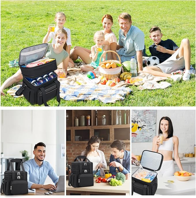 holuxer Insulated Lunch Bag & Lunch Box for Men - Double Deck Reusable Lunch Bag for Women Tote Cooler Bag Leakproof Soft Expandable - Extra Large Lunchbox for Work/Adult/Picnic/Outdoor (Black，22L)