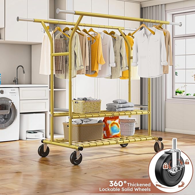 Raybee 74" W Clothes Rack Load 630 LBS, Clothing Racks for Hanging Clothes, Adjustable Heavy Duty Clothes Rack, Double Rods Metal Garment Rack for Bedroom Wardorbe Closet Living Room