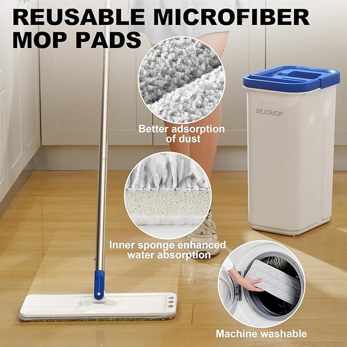 Mop and Bucket Set, Mops for Floor Cleaning with Long Handle, Squeeze Flat Mop and Bucket System, Dry & Wet Dust Mops for Household Floor Cleaning with 3 Microfiber Mops, Slate Blue