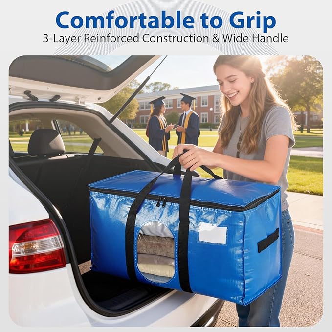 6 Pack Extra Large Moving Bags, Heavy Duty PE Woven Storage Totes with Visible Window & Wrap Around Handles, Reusable Space-Saving Alternative for Home Relocation & Storage