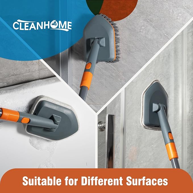 Floor Scrub Brush Tile Tub Scrubber Brush with 4 Different Cleaning Heads, Shower Brush with 56” Extendable Long Handle, Scrubbers for Cleaning Kitchen, Bathroom, Tub, Tile, Wall