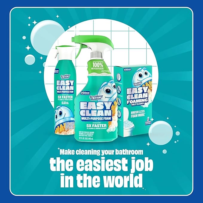 Scrubbing Bubbles Easy Clean Foaming Bleach-Free Bathroom All Purpose Cleaner, Fast-Acting Foam Cleans Limescale, Dirt and Grime on Showers, Sinks, Toilets, Tiles, Counters, & More, 32oz Spray, 2 Pack