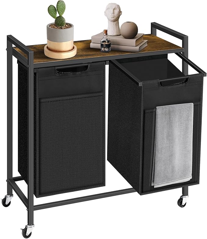 Laundry Hamper with Shelf, Laundry Basket with 2 Pull-Out Removable Bags, 2 x 13.1 Gallons(99L), Metal Frame, Lockable Wheels, for Laundry Room and Bedroom