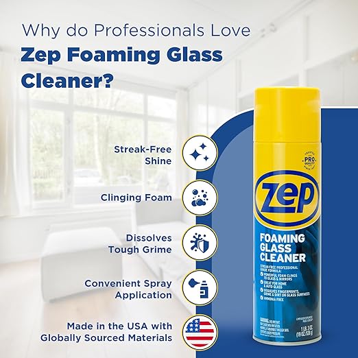 Zep Foaming Glass and Plexiglass Cleaner - 19 oz (Case of 4) ZUFGC19 – Foaming Formula that clings to Vertical Surfaces for Streak-Free Glass Cleaning