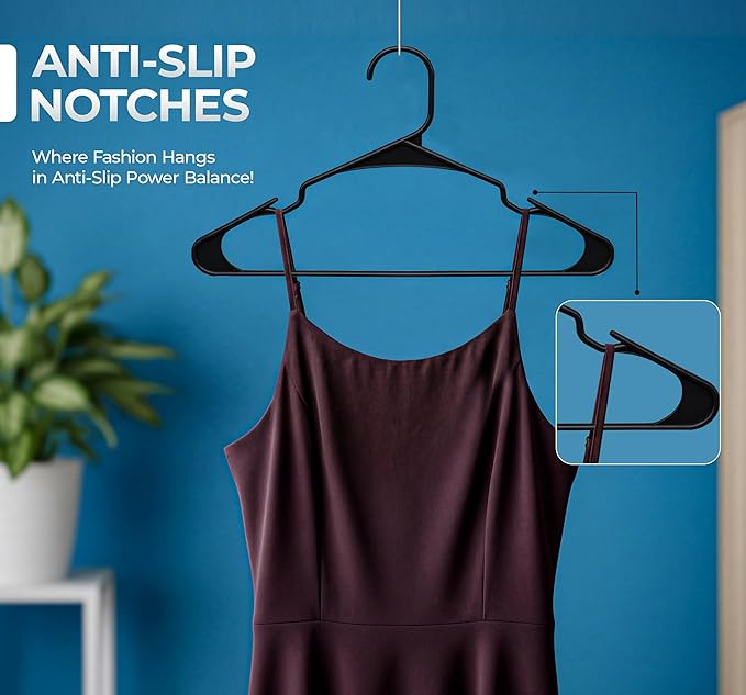 Beddora Plastic Hangers 50 Pack, Black Clothes Hangers for Closet Organization and Storage Space-Saving Design, Kids & Adult Coat Hanger for Suits, Shirt & Percheros Ganchos para Colgar Ropa Hangars