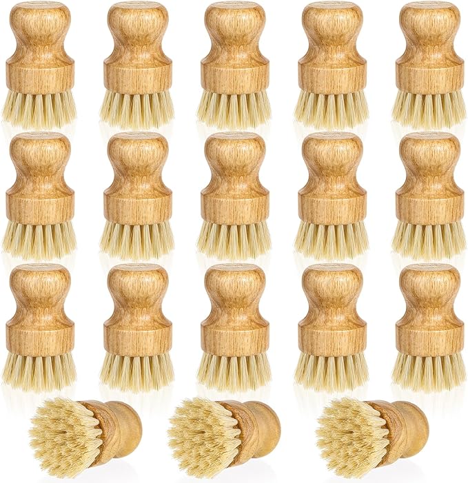 18 Pcs Bamboo Dish Scrub Brushes Kitchen Dishwashing Cleaning Brush Wooden Scrubbers Set Sisal Bristles Cleaner Scrubber for Washing Cast Iron Pan Pot Sink Spatula (18, Yellow)