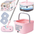 Square Spin Mop & Bucket Smart Floor Mop with Separate Compartments for Clean and Dirty Water, Self Cleaning 2025 Upgraded Version w/Side Brush & Self-Standing Handle, Rose