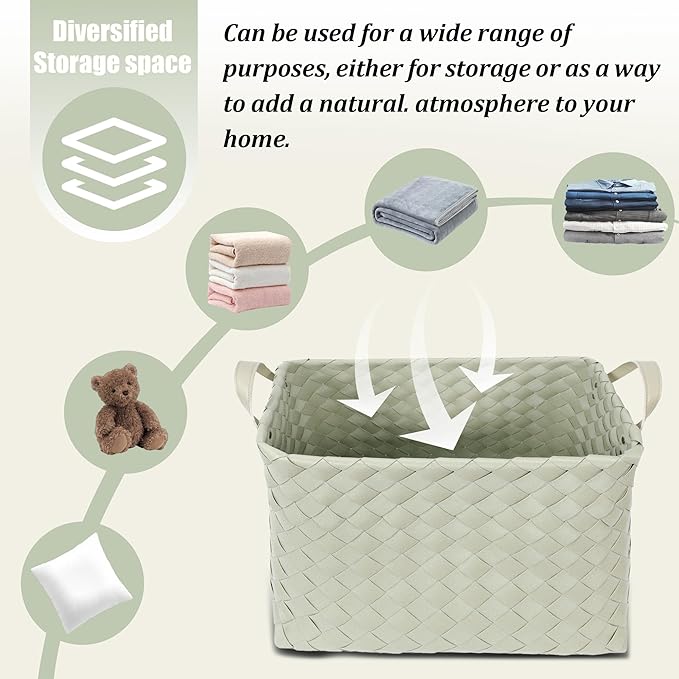 BROWNLILY Handwoven Clothes Basket Laundry Hampers Large Wicker Storage Baskets for Shelves Blankets Closet Storage Bins Car Bedroom Bathroom Organizers and Storage Bath (Pack of 4, Green)