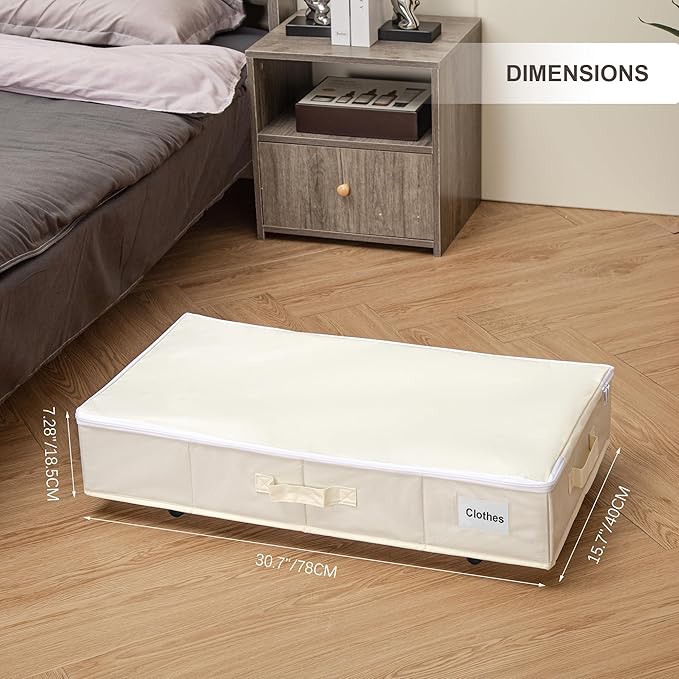 Vincona Under Bed Storage with Wheels, 2 Pack Under Bed Storage Containers with Label Holders for Clothes, Shoes and Blankets, Rolling Underbed Shoe Organizer with Cover, Beige (30.71x15.7x7.28 in)